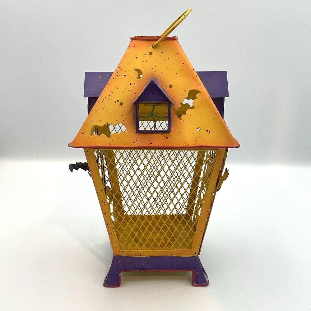VTG‎ Halloween Lantern Tealight Candle Holder Spooky Hollow Metal Cage 2001
